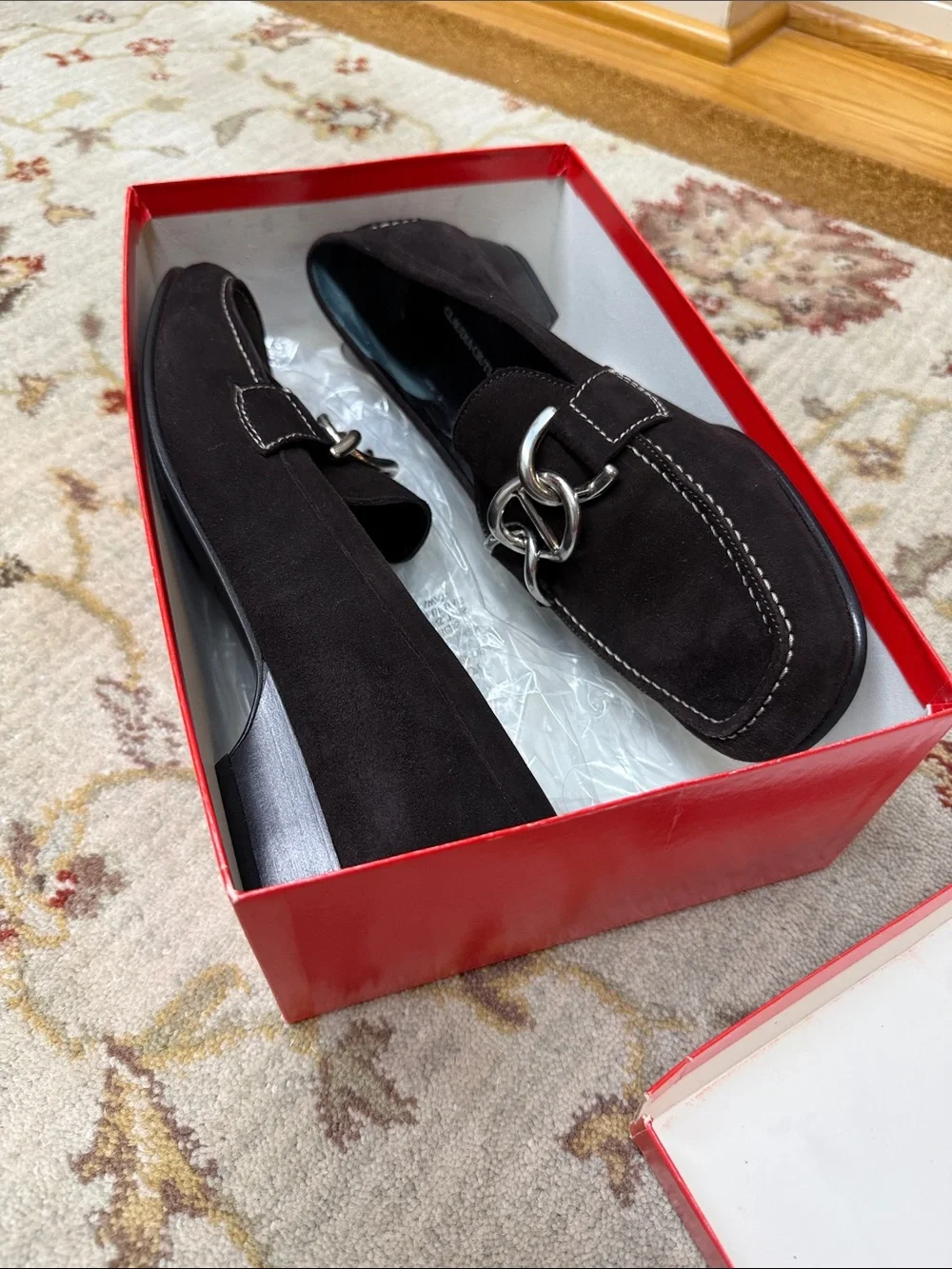 Claudia Ciuti Dark Brown Suede Slip-On Loafers with Silver Chain Accent